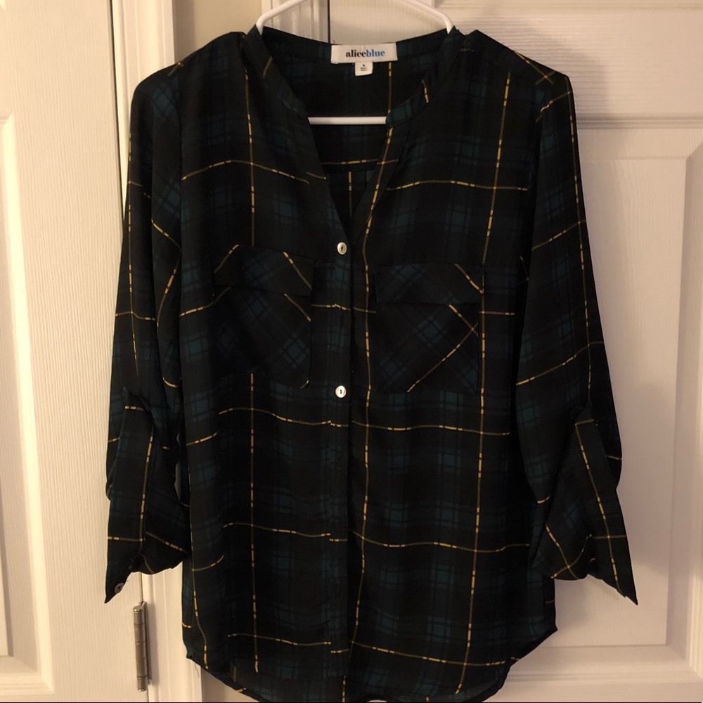 Black and hunter green plaid blouse